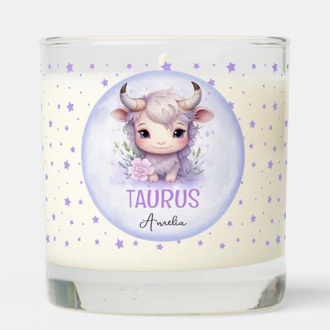 Cute Watercolor Illustration Taurus Zodiac Name Scented Candle