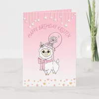 Cute Pink Llama Girl's Personalized Happy Birthday Card