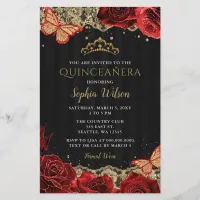 Budget Red Roses Black Gold Quinceañera Invitation