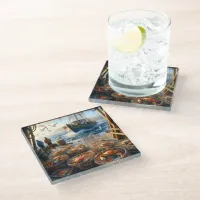 Twilight Harvest Fishermen Collecting Crabs Glass Coaster