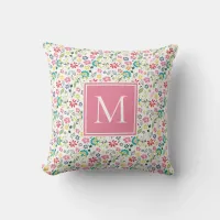 Colorful Boho Spring Garden Flowers Monogram Throw Pillow