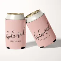 Soft Coral Pink Bridesmaid Modern Script  Can Cooler