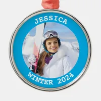 Sky Blue Personalized Round Family Photo Metal Ornament