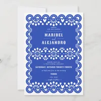 Scalloped Mexican Papel Picado Floral Blue Wedding Invitation