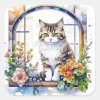 Cute Watercolor Cat in Floral Window Square Sticker