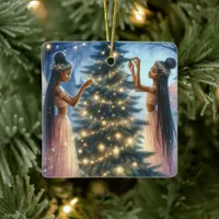 Pretty Fairies Decorating the Christmas Tree  Ceramic Ornament