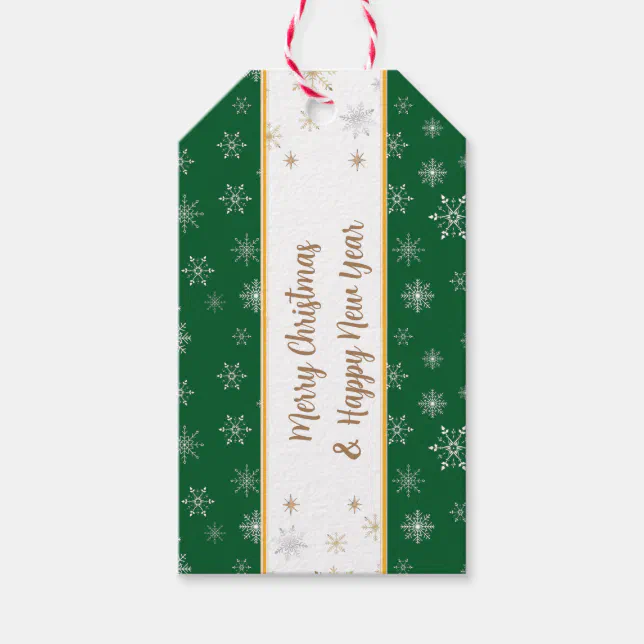 Elegant Merry Christmas Snowflakes on Green Gift Tags