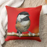 Cute Black-Capped Chickadee with Red Autumn Leaves Throw Pillow