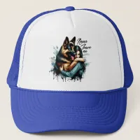 Woman Hugging German shepherd With Never Leave Me Trucker Hat