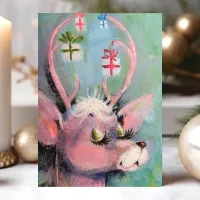 Vintage Doe Deer Long Eyelashes Retro Christmas Holiday Card