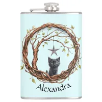 Cute Black Kitten Watching a Star Flask