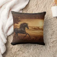 Majestic Horse Galloping in Golden Sunrise Field Throw Pillow