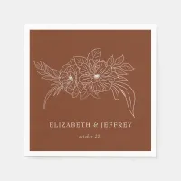 Terracotta Minimal Elegant Floral Sketch Wedding Napkins