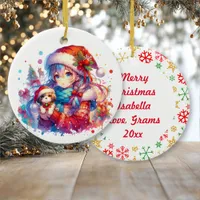 Anime Girl in Santa Hat Watercolor Christmas Ceramic Ornament