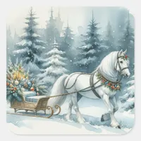 Pretty Winter Horse and a Christmas Sleigh Square Sticker