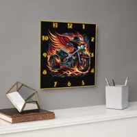 Fiery motorcycle with wings racing through flames square wall clock