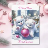 Adorable White Kittens Pink Christmas   Card