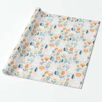 Cute Rabbits Spring Blue And Orange Pastel  Wrapping Paper
