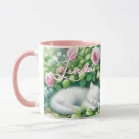 Sweet Napping White Kitten under a Rose Bush  Mug