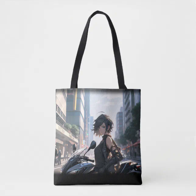 Anime woman biking downtown tote bag