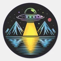 Retro UFO in the Mountains Reflecting in the Water Classic Round Sticker