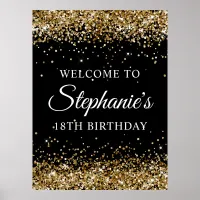 Gold Glitter Black 18th Birthday Party Welcome Poster