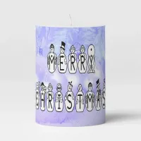 Merry Christmas Snow People Font, Blue Tint Snow Pillar Candle