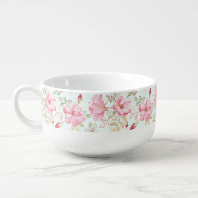 Pretty Pink Watercolor Floral Soup Mug