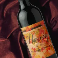 Happy Thanksgiving Fall Maple Leaves On Barn Wood Wine Label