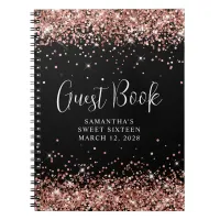 Rose Gold Glitter Black Sweet 16 Birthday Guest Notebook