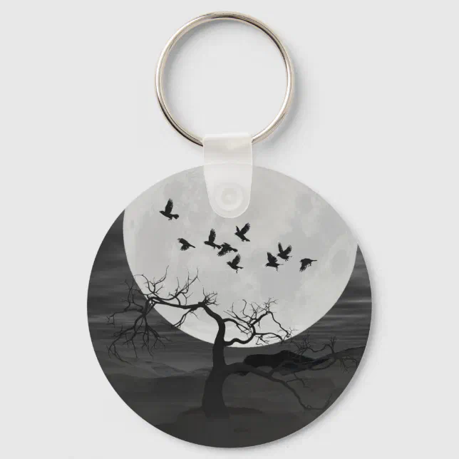 Spooky Ravens Flying Against the Full Moon Keychain