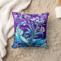 Colorful Floral Design With Blue and Purple Hues Throw Pillow