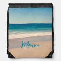 Personalized Aqua Teal Beach Photo Drawstring Bag