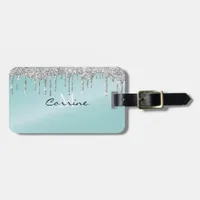 Monogram Aqua Blue + Silver Dripping Glitter Icing Luggage Tag