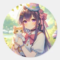 Pretty Anime Holding Kitten Girl's Birthday Classic Round Sticker