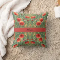 Glowing field of red poppies, personalizable  throw pillow