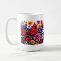 Pretty Pixel Art Cardinal and Flowers Coffee Mug