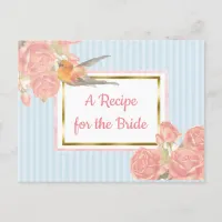 Blue PInk Vintage Bird Floral Wedding Recipe Card