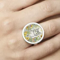 Gray and White Kitty Cat Sitting in Flowers  Ring