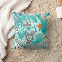 Sailboats and Sea Creatures Abstract Beachy Art Throw Pillow