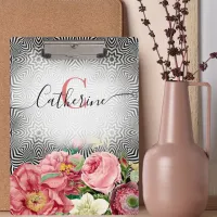 Vintage Flowers On Black White Name and Monogram Clipboard