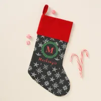 Monogram Wreath Your Name Black & White Snowflakes Christmas Stocking