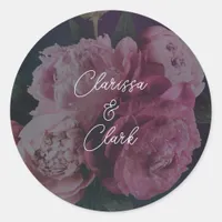 Chic Pink Peony Couples Names Wedding Envelope  Classic Round Sticker