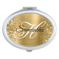 Glittery Gold Foil Fancy Monogram Oval Compact Mirror