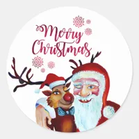 Watercolor Laughing Santa Claus Rudolf Smiling Cof Classic Round Sticker