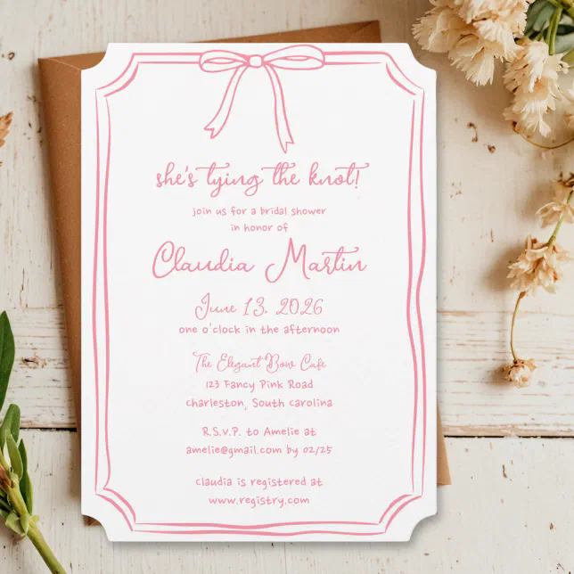 She's Tying the Knot Hand Drawn Bow Bridal Shower Invitation