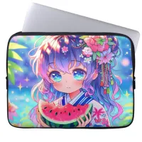 Cute Anime Girl Eating Watermelon on a Summer Day Laptop Sleeve