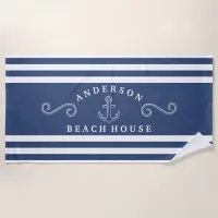 Navy & White Personalized Nautical Beach House Beach Towel