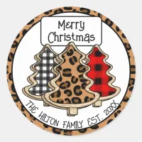Personalized Buffalo Plaid Gingham Christmas Trees Classic Round Sticker