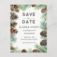 Rustic Conifer Pine cone wedding Save the Date Announcement Postcard